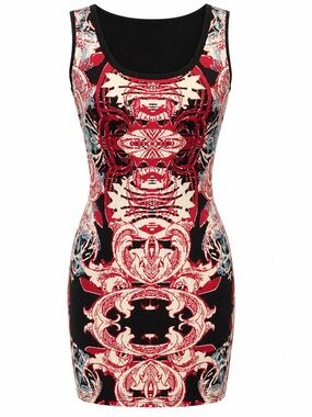 🔥 Bebe Red Black Baroque Print Bodycon Dress | Cutout Back Fitted Size S NWOT